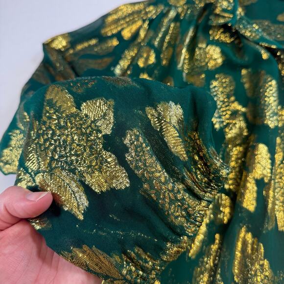 Mille Resort Travel Womens Blouse Green Gold L Silk Ruffle Mock Neck Sheer Party - Picture 6 of 12